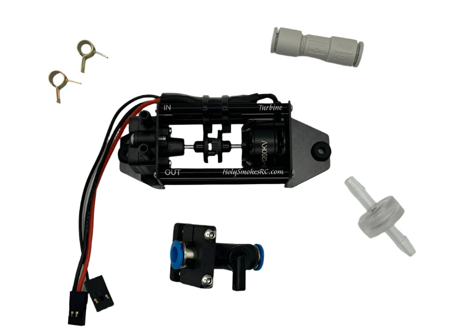 Mechanical components on a white background with 'HolySmokeRC.com' branding. Holysmoke turbine pump