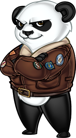 Panda character wearing a brown jacket with various patches on a white background