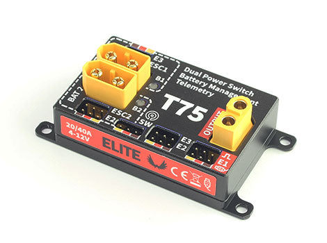 Elite T75 Electronic Dual Power Redundant Switch, Telemetry Expander w/Backup Battery Management (Jeti EX, Graupner HoTT, Futaba S.Bus2, PowerBox)