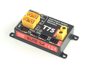 Elite T75 Electronic Dual Power Redundant Switch, Telemetry Expander w/Backup Battery Management (Jeti EX, Graupner HoTT, Futaba S.Bus2, PowerBox)