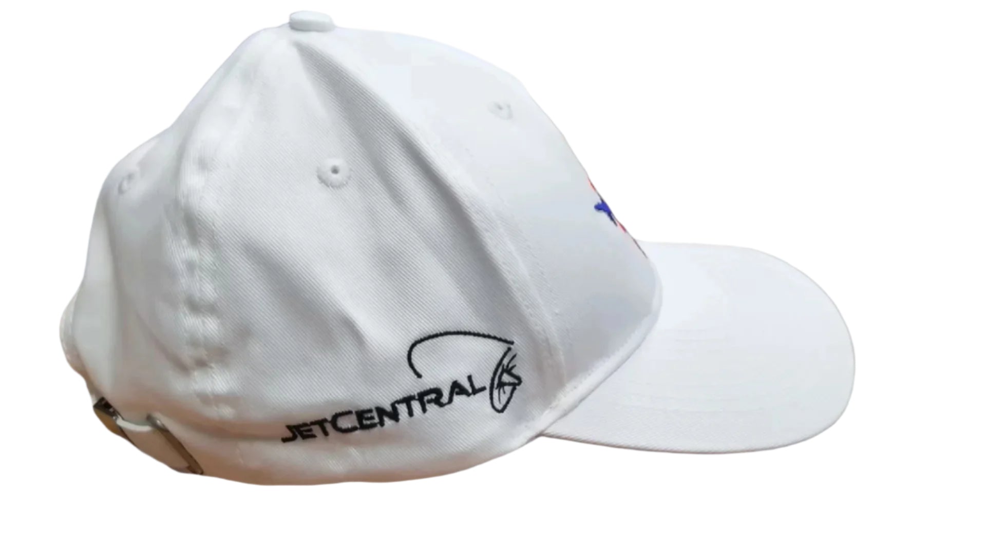 White cap with 'JETCENTRAL' logo on a wooden surface